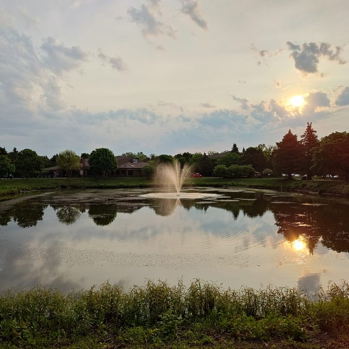 Photo of a pond with a fountain in it, taken with the Motorola Edge Plus (2023).