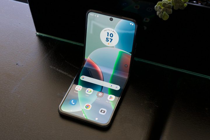 The Motorola Razr (2023) sitting propped open on a table.