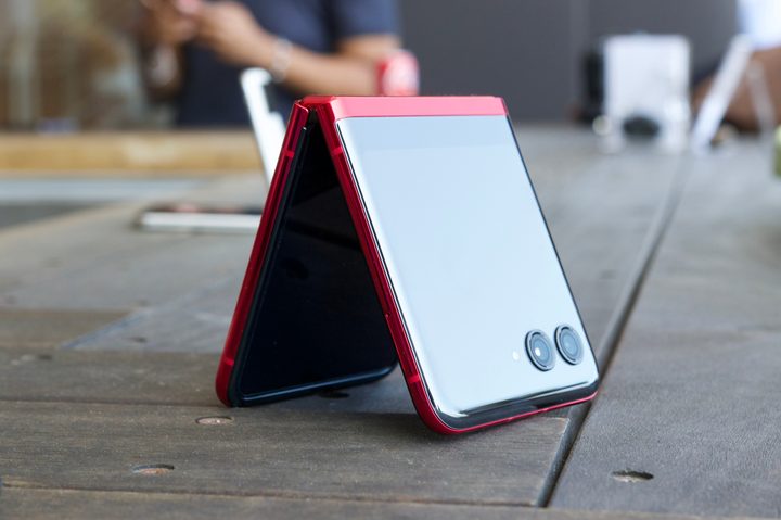 The red Motorola Razr Plus propped open.