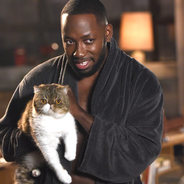 Winston holds his cat in the loft in New Girl
