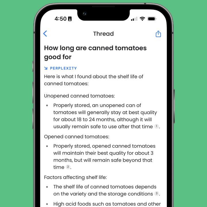 The Perplexity AI iPhone app answering the question "how long are canned tomatoes good for."
