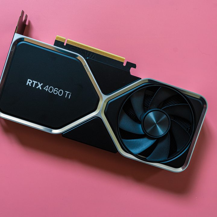 RTX 4060 Ti sitting on a pink background.