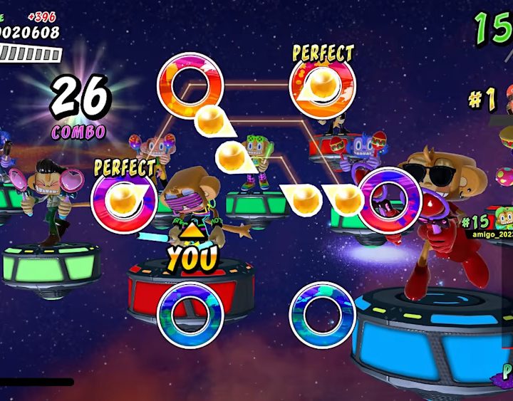 Monkeys dance together in Samba de Amigo's online party mode.