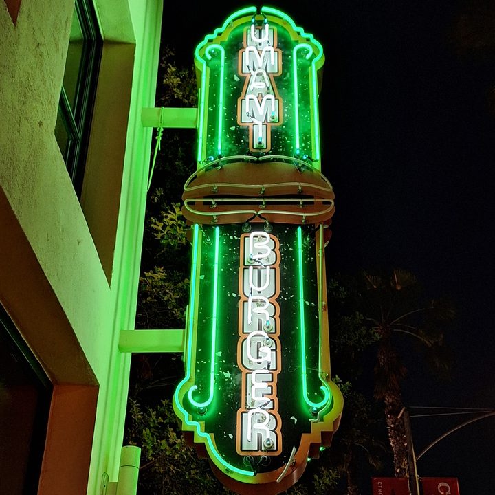Night mode shot of Umami Burger neon sign taken with a Samsung Galaxy A54