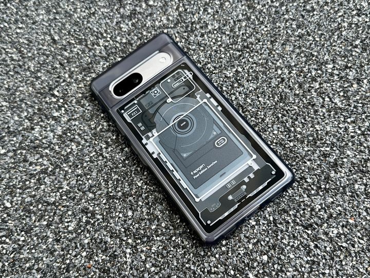 Spigen Ultra Hybrid Zero One Pixel 7a case face down on gravel