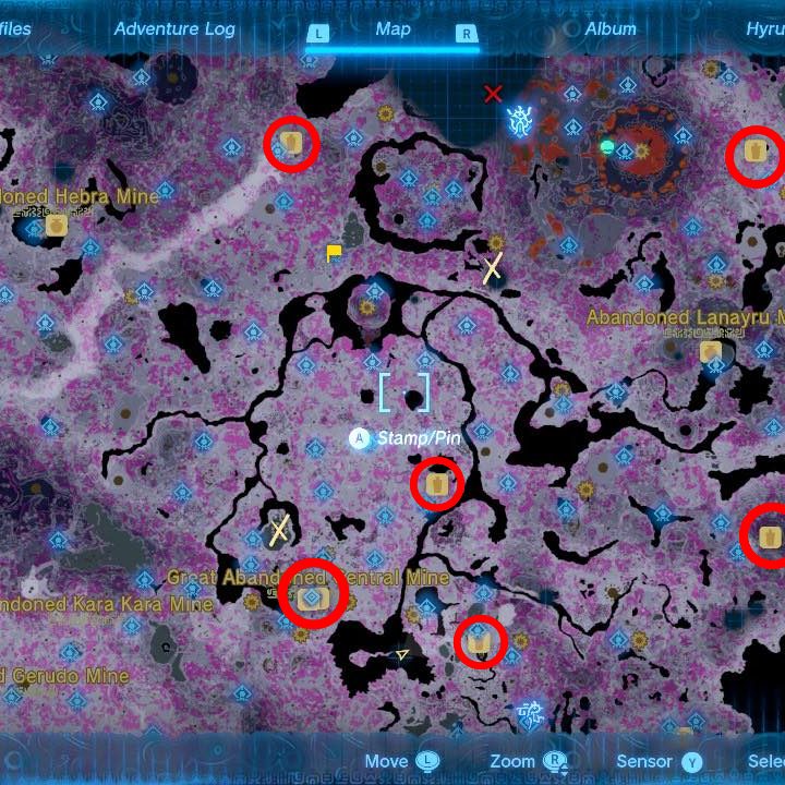A map of the underground in The Legend of Zelda: Tears of the Kingdom shows the location of every Bargainer's Statue.