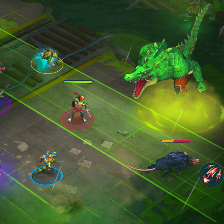 The Teenage Mutant Ninja Turtles fight Leatherface in TMNT: Splintered Fate.