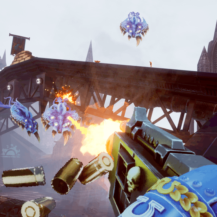 A gun fires at flying enemies in Warhammer 40,000: Boltgun.