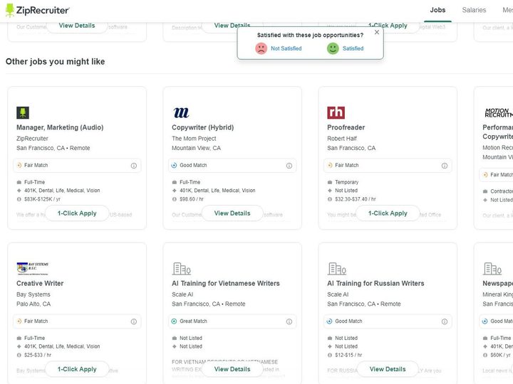 Zip Recuiter will start suggesting jobs for you after you finish the profile.