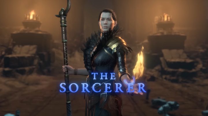A sorcerer with a staff and flame in hand.