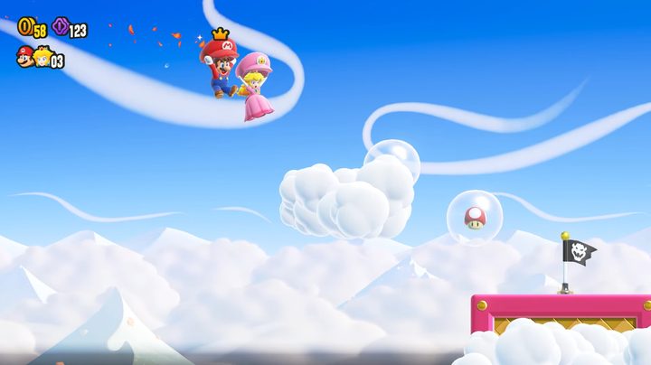 Mario and Peach floating using their hats.
