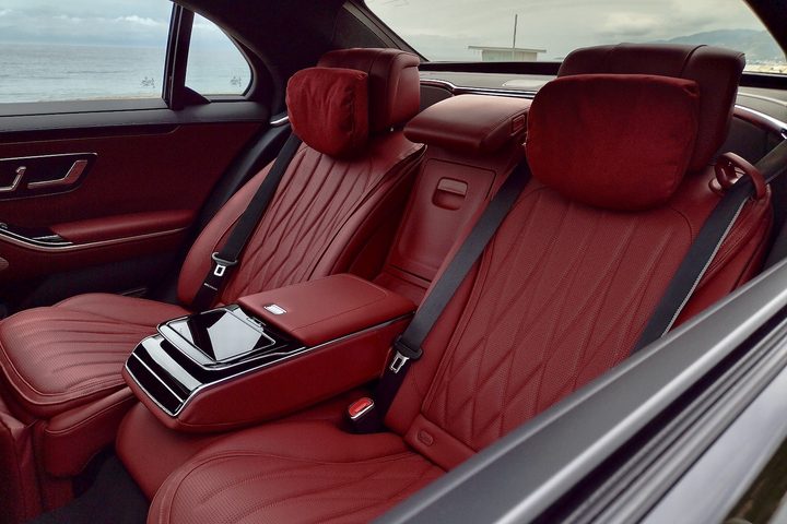 The 2024 Mercedes-AMG S63 E Performance sedan's rear seats.