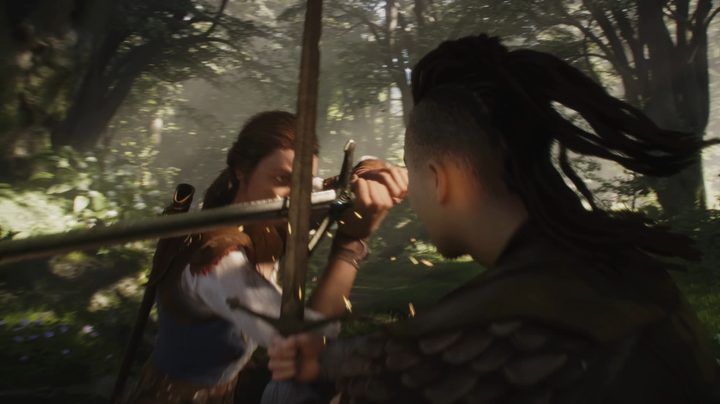 A hero and bandit cross swords.