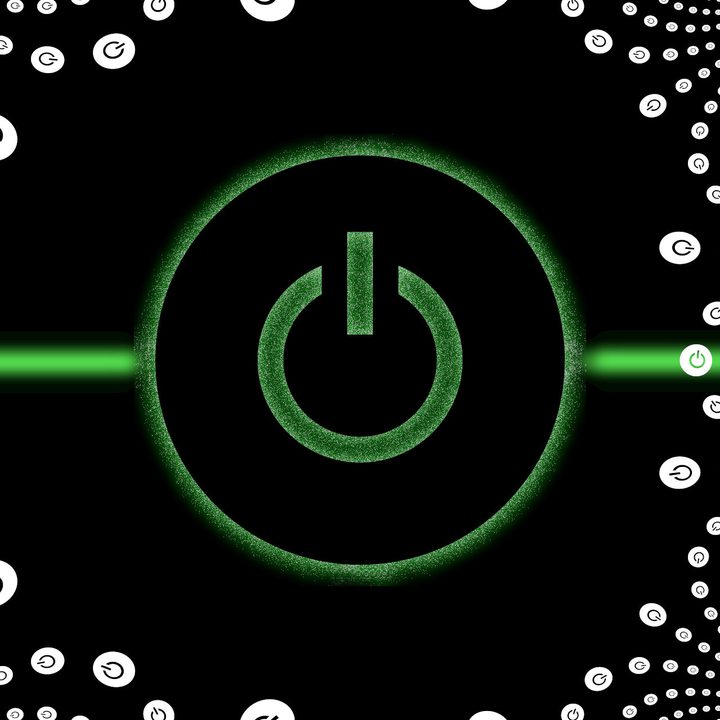A graphic representation of a power button in green and white appears over a green glowing line running horizontally.