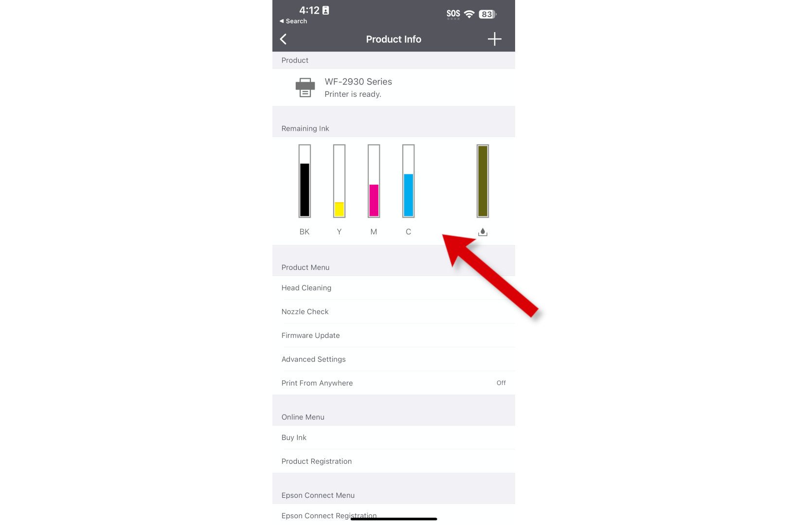 Epson Smart Panel app ink level status screen