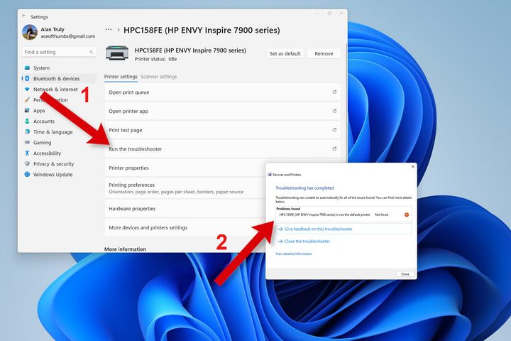 A screenshot shows how to run the printer troubleshooter.