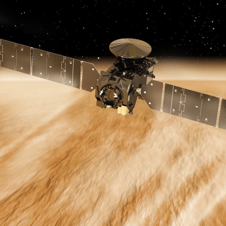 Rendering of a a spacecraft slowing down in the Venus atmosphere.