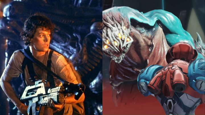 Split image of Ripley bracing herself for the Xenomorph and Samus against the Artaria.