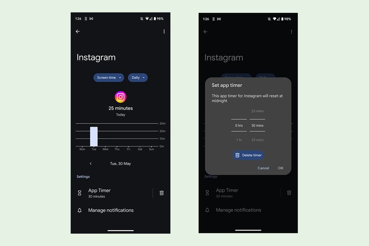 App timer on Android's Digital Wellbeing.