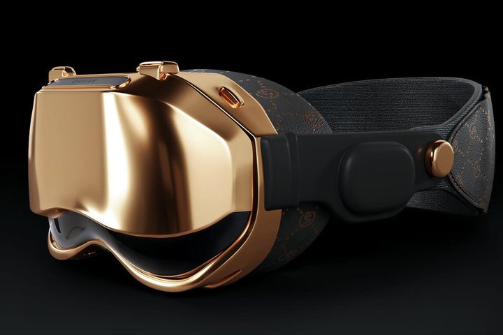 The Caviar 18-karat gold version of Apple's Vision Pro headset with its front plate in place, seen from the side.