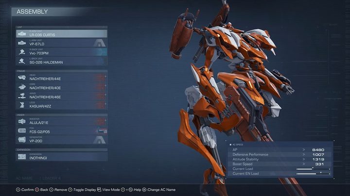 Mech customization in Armored Core VI.