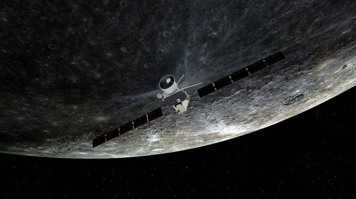 Artist impression of BepiColombo flying by Mercury. The spacecraft makes nine gravity assist manoeuvres (one of Earth, two of Venus and six of Mercury) before entering orbit around the innermost planet of the Solar System in 2025.