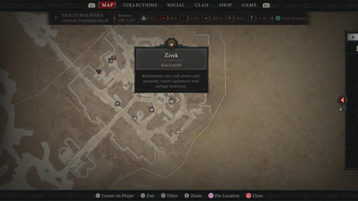 Map showing blacksmith icon