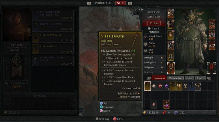 A selling screen at a merchant in Diablo 4
