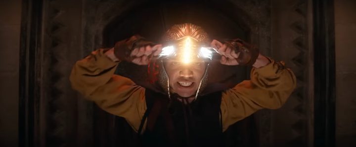 Simon wearing a glowing, magic helmet in "Dungeons & Dragons: Honor Among Thieves."