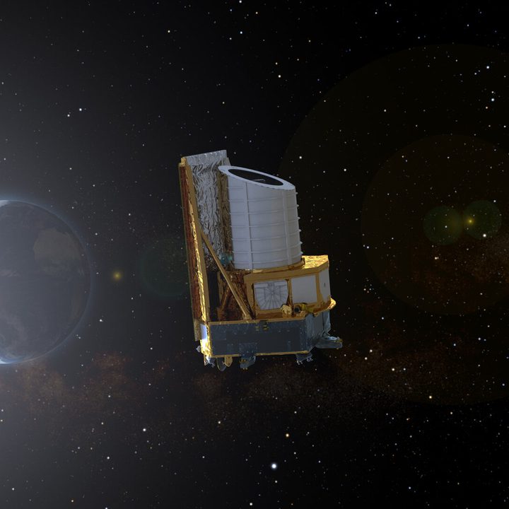 Artist impression showing Euclid leaving Earth and on its way to Sun-Earth Lagrange point L2.