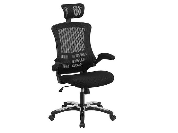 The Flash Furniture - Kelista Contemporary Mesh Executive Swivel Office Chair - Black in an inviting position.