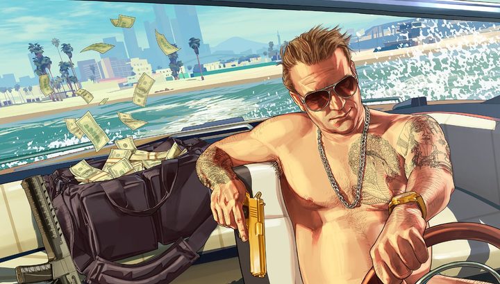 A man drives away in a boat with stolen money in Grand Theft Auto 5 art.