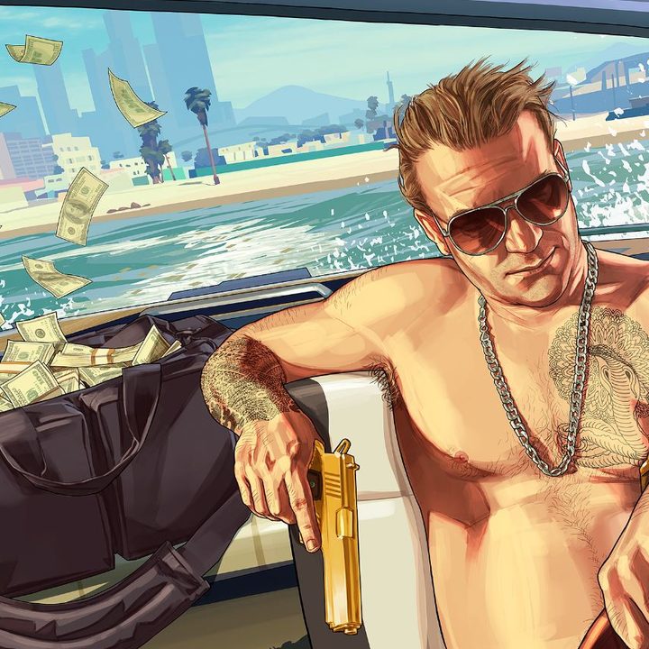 A man drives away in a boat with stolen money in Grand Theft Auto 5 art.