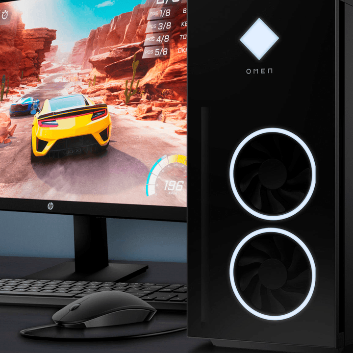HP Omen 40L Gaming PC on a table connected to a monitor.