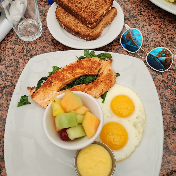 A crisp image of a salmon steak and eggs taken using the Moto G 5G's main camera.