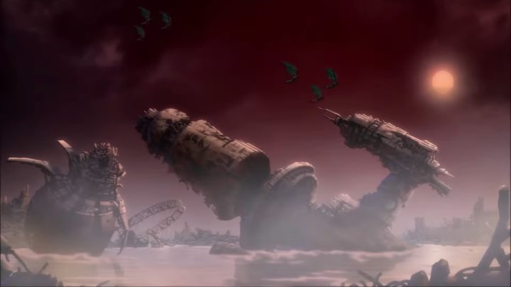 The ruined Watchtower in a river in "Justice League Dark: Apokolips War."