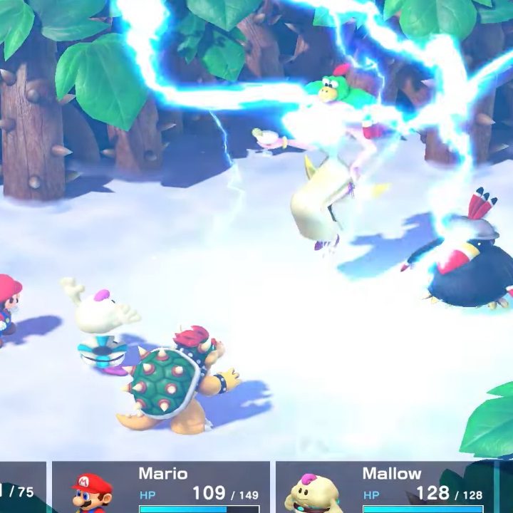 Mario, Mallow, and Bowser using lightning attacks in Mario RPG.
