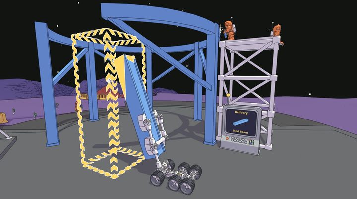 Players lift a steal beam in Mars First Logistics