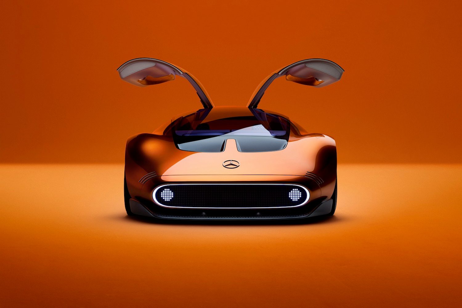 Front view of the Mercedes-Benz Vision One-Eleven concept with its doors open.