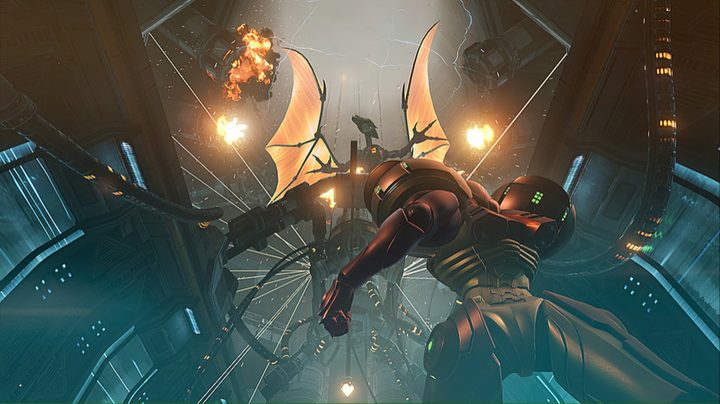 Samus looking up at the menacing Meta Ridley in Metroid Prime Remastered.