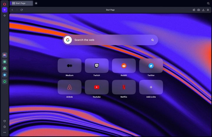 The Opera One browser, showing the app's start page.