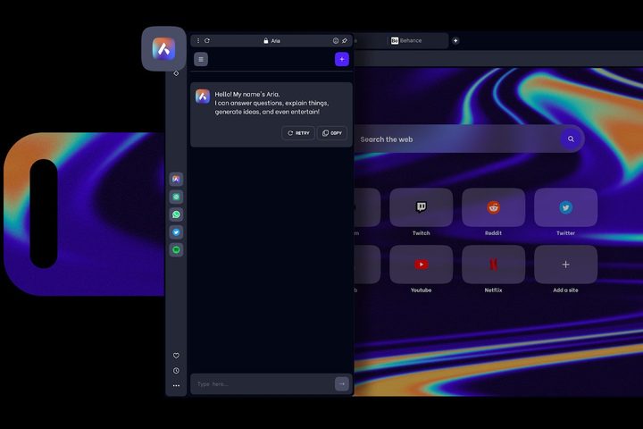 The Opera One browser with an Aria AI sidebar open.