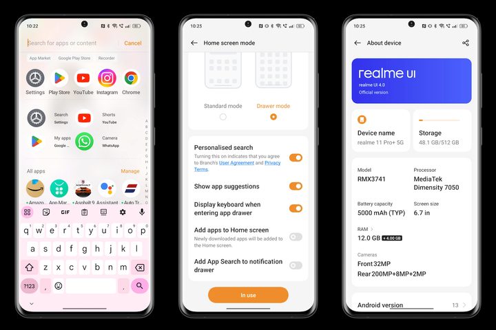 Screenshots of the Realme 11 Pro+'s software.