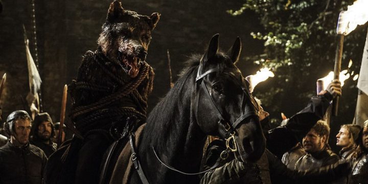 Robb Stark's corpse wearing his direwolf's head in Game of Thrones.