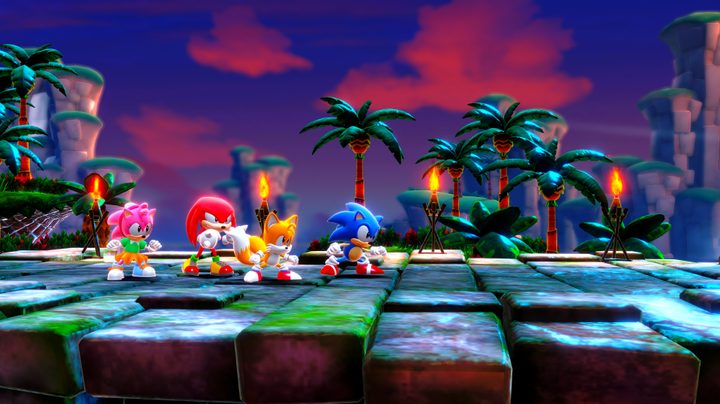 Sonic, Amy, Tails, and Knuckles stand ready to fight in Sonic Superstars.