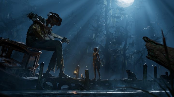 A wide shot of Hazel and Shakin Bones in South of Midnight.