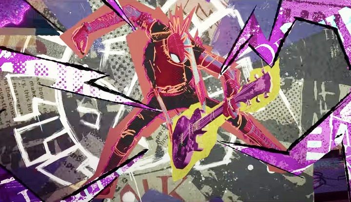 Spider-Punk plays his guitar in Across the Spider-Verse.