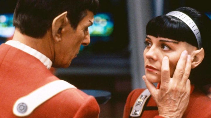 Spock puts his hand on Kim Cattrall's face in Star Trek 6: The Undiscovered Country.