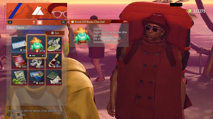 A character buying a blanka doll on the beach.