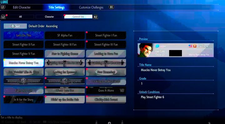 A list of profile titles for Luke in street fighter